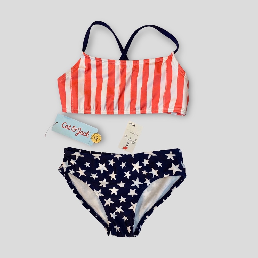 Cat & Jack Girls’ Stars Stripes Two-Piece Swimsuits XS (4/5) NWT